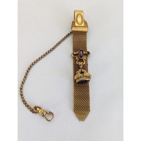 Antique Gold Fill Vest Pocket Clip Watch Chain Mesh Charm Victorian w/ Amethysts - Picture 2 of 12